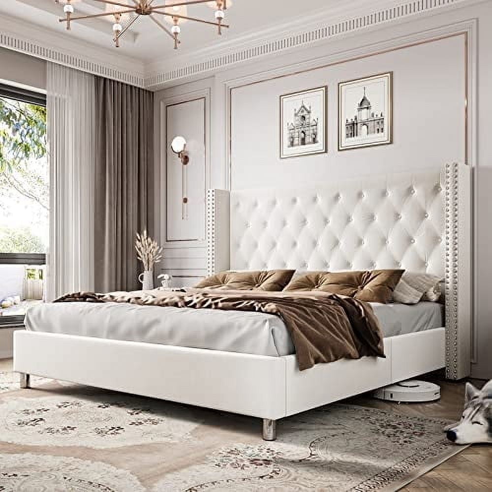 VanAcc King Upholstered Platform Bed Frame with Headboard, No Box Spring Needed, Cream