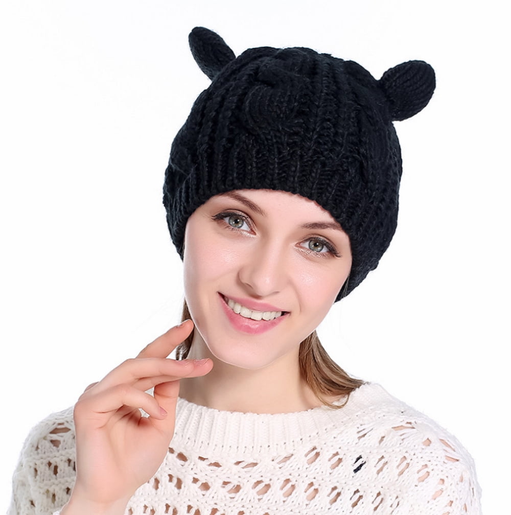 PaZinger Women Winter Beanie Devil Horns Cat Ear Crochet Braided