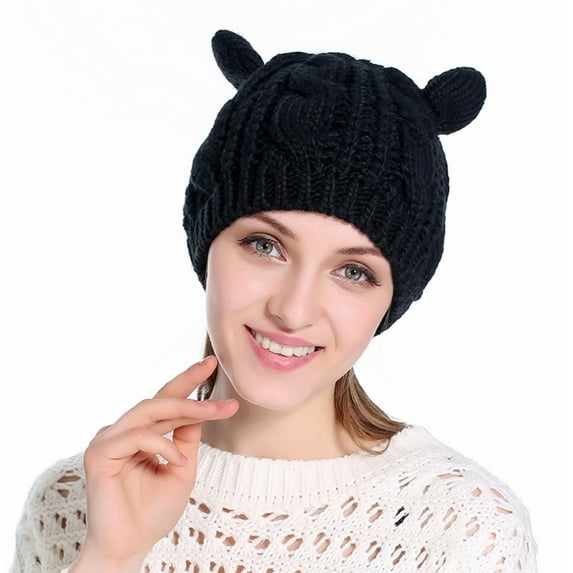 PaZinger Women Winter Beanie Devil Horns Cat Ear Crochet Braided Knit Ski Wool Cap Hat