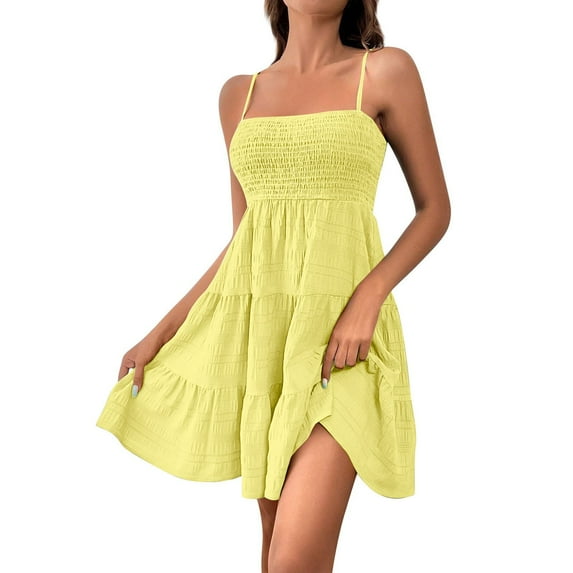 Paaisye Dresses for Women Casual Sexy Adjustable Sun Dress a Line High Waist Sleeveless Square Neck Short Dress Hot Navy L