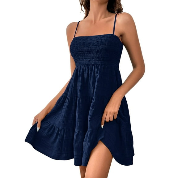 Paaisye Dresses for Women Casual Sexy Adjustable Sun Dress a Line High Waist Sleeveless Square Neck Short Dress Hot Navy L
