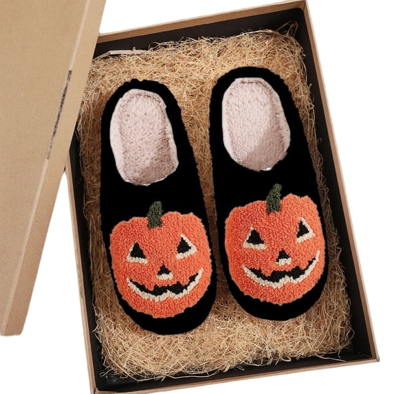Paaisye Ghost Slippers Pumpkin Slippers for Women Men Cute Halloween Fuzzy Plush House Shoes Soft Memory Foam Indoor Bedroom Slipper Warm Non-Slip Sole Comfy Home Footwear,Black 44(US-9.5)