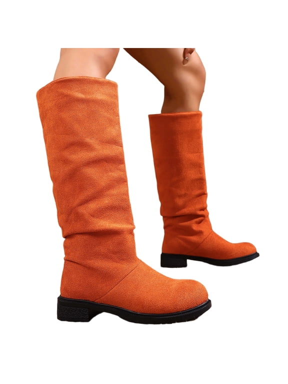 Low-Heeled Knee-High Boots Women's Chunky Heel Pull-On Slouchy Long Boots Wide Calf Side Zip Almond Toe Comfortable for Fall Winter Daily Wear,Orange 38