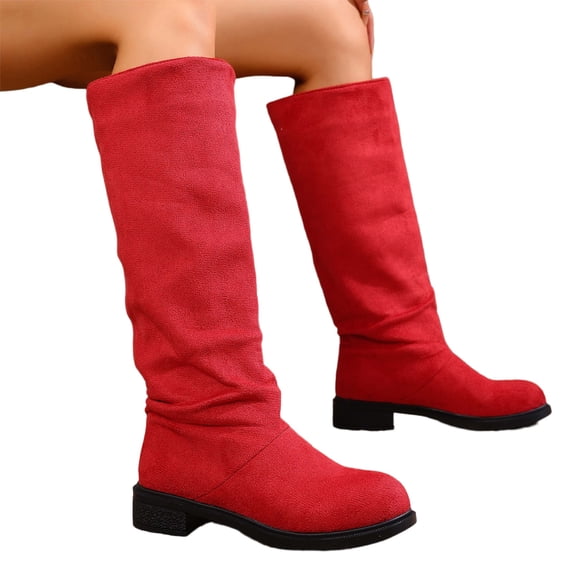 Paaisye Low-Heeled Knee-High Boots Women's Knee-High Boots Chunky Heel Side Zip Wide Calf Comfortable Almond Toe Pull-On Slouchy Long Boot for Fall Winter Daily Wear,Red 36