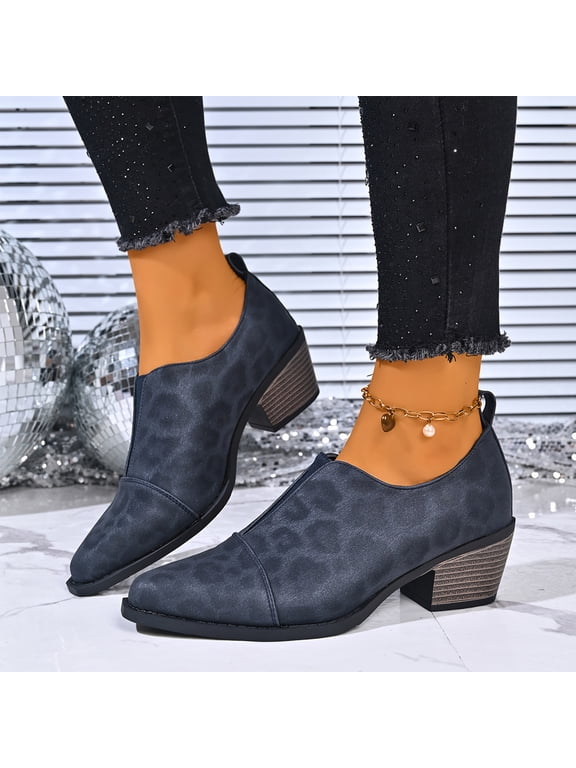 Women's Leopard Print Faux Suede Low Heeled Booties Pointed Toe Elastic V-Cut Slip On Pumps Comfortable Chunky Block Heel Dress Casual Work Fall Footwear,Blue 43
