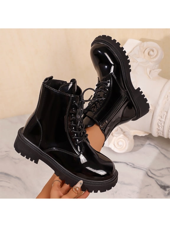 Womens Lace-Up Combat Ankle Booties with Side Zipper Chunky Lug Platform Sole Round Toe Short Boots Durable Non-Slip Lightweight Daily Wear for Women,Black 41
