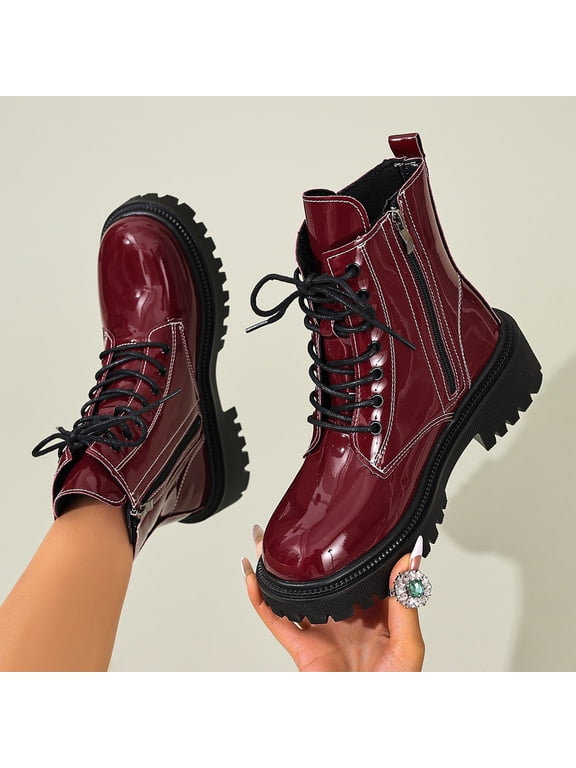 Womens Lace-Up Side Zipper Combat Ankle Booties Platform Chunky Lug Sole Round Toe Short Boots Lightweight Non-Slip Comfortable for Women Daily Work Casual City Walk Outdoor,Red 43