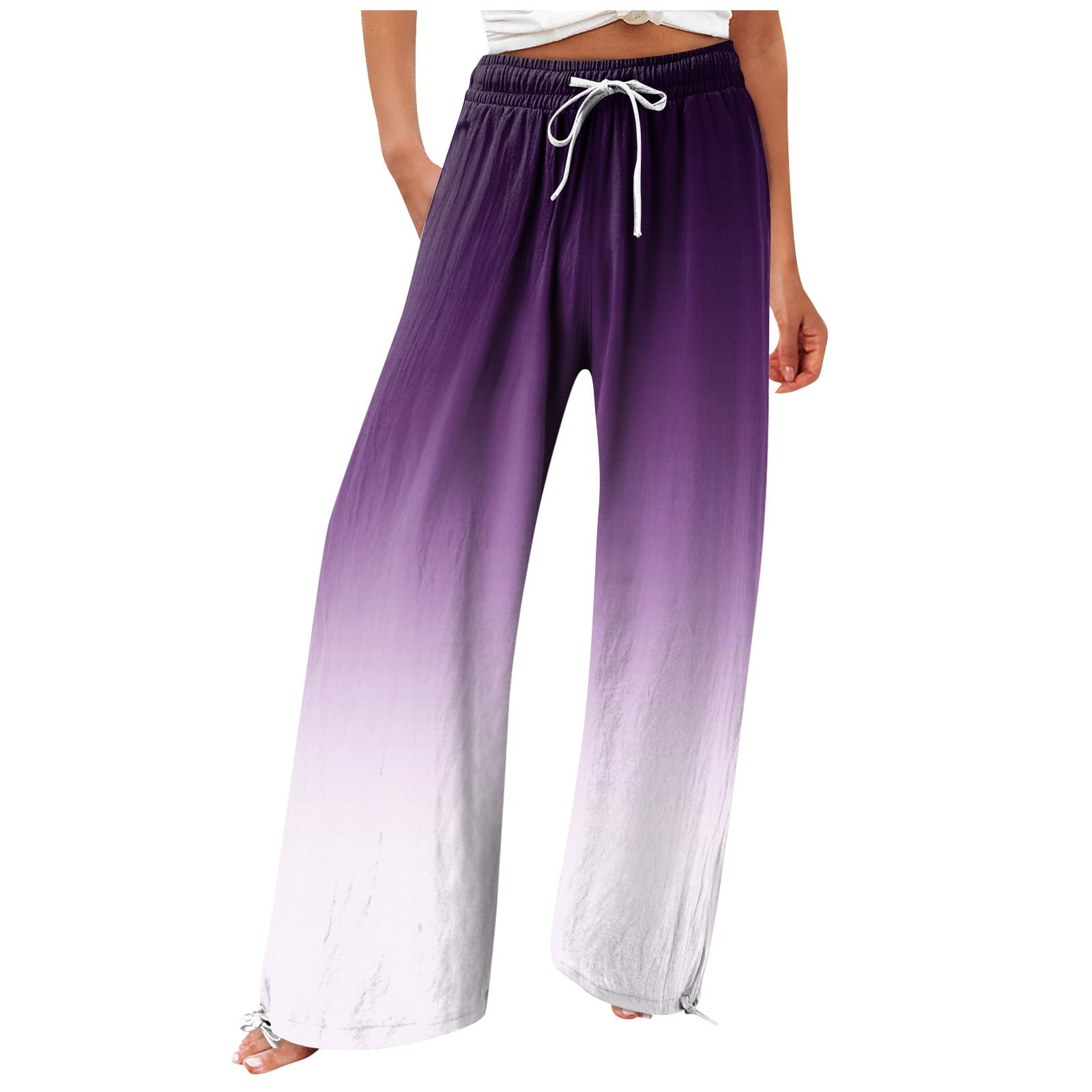 Paaisye Womens Linen Pants Beach Palazzo Pant Trousers Gradient Wide