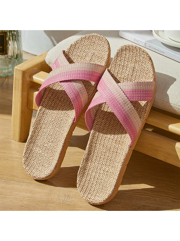 Womens Slippers Lightweight Flat Linen Anti-Slip Memory Foam Breathable Comfortable Indoor Outdoor Summer Slides for Women Home Garden Patio,Pink 39(US-7)