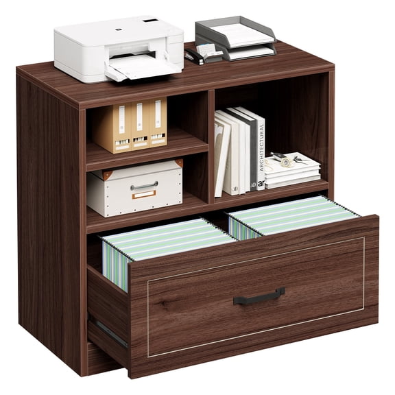 Paasyonmate 32.7 Inch File Cabinet with Drawer, Walnut Lateral Printer Stand with Storage Shelves for Home Office