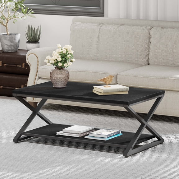 Paasyonmate 2-Tier Black Coffee Table with Storage Shelf, 39 inch Modern Minimalist Center Table