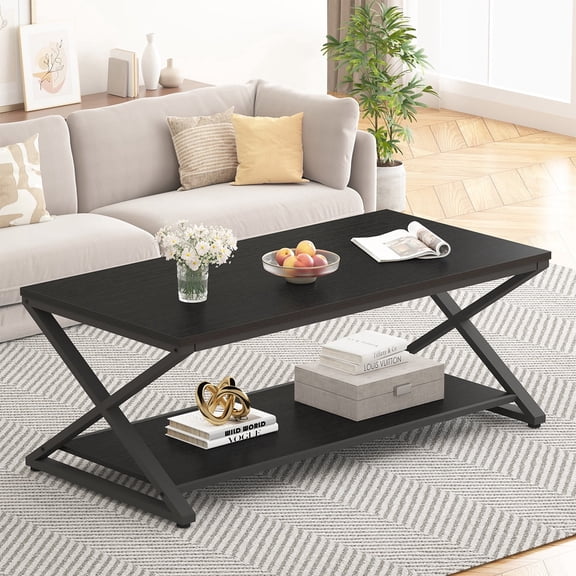 Paasyonmate 47 Inch Coffee Table Modern, Simple Rectangle Cocktail Table with Storage Display Shelf, 2 Tier Minimalist Industrial Wooden and Metal Center Tea Table for Living Room Office, Black Oak