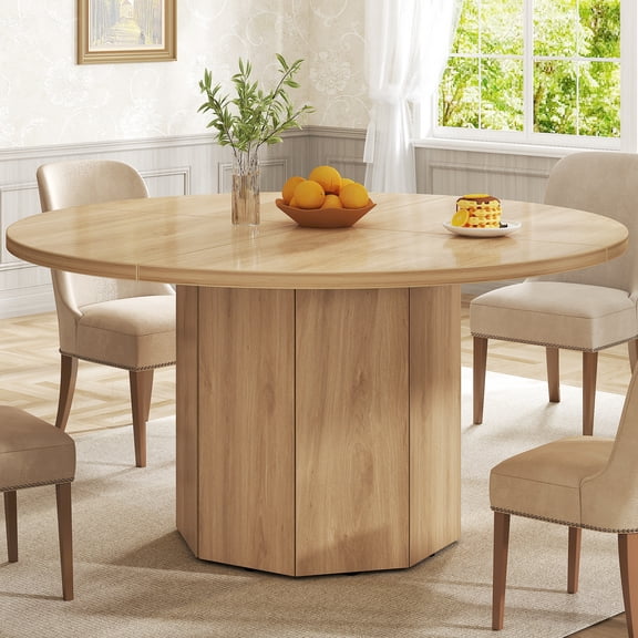 Paasyonmate 47 Round Dining Table for 4, Modern Farmhouse Wood Dinner Table with Octagon Pedestal Base, Circular Kitchen Dining Room Table for Home Apartment Living Room, Light Oak
