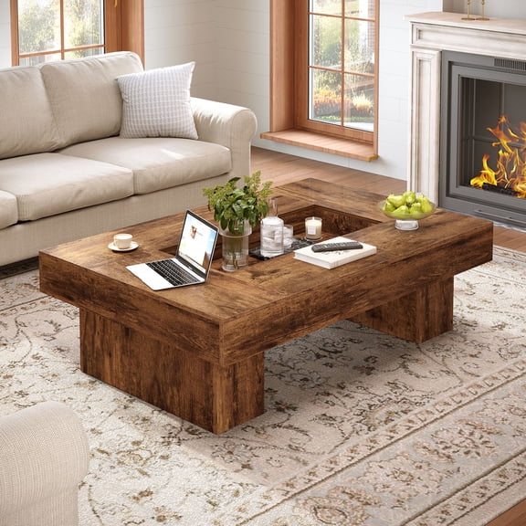 Paasyonmate 47"x31" Coffee Table with LED Light, Modern Farmhouse Low Wide Storage Shelf for Living Room & Home Office