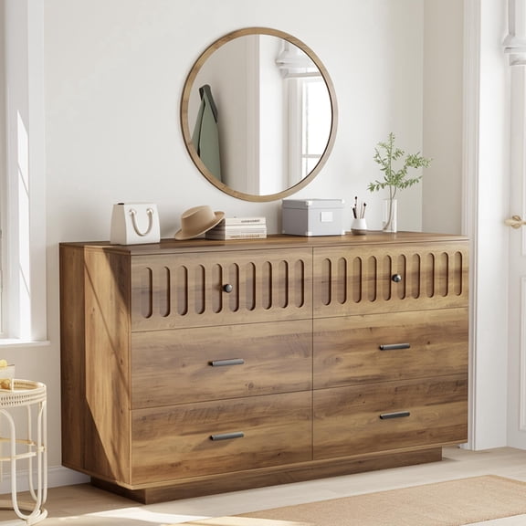 Paasyonmate 54" Coffee Bar Cabinet, Farmhouse Buffet Sideboard with 6 Drawers, Storage Console Table for Entryway Living Room, Rustic Light Brown