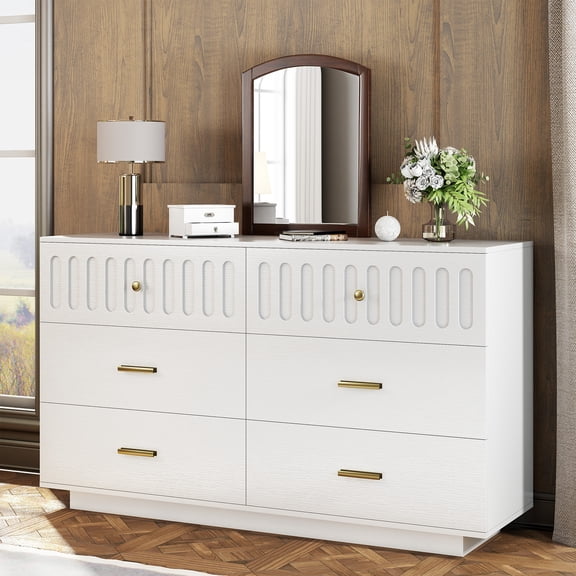 Paasyonmate 54" Storage Cabinet with 6 Drawers, White Buffet Sideboard for Entryway