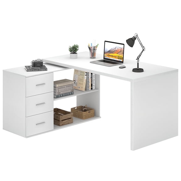 Paasyonmate Computer Desk White, L Shaped Office Desk with Drawers Shelves