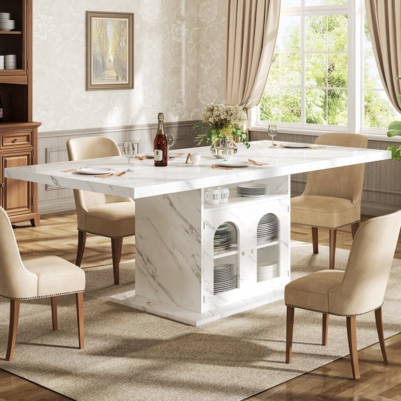 Paasyonmate 63" Modern Dining Table for 6, Dinner Table with Storage Cabinet, White Faux Marble