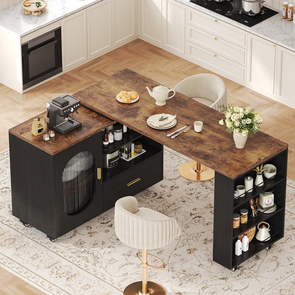 Paasyonmate 72" Mobile Rolling Kitchen Island with Seating and Storage Space, Rustic Brown