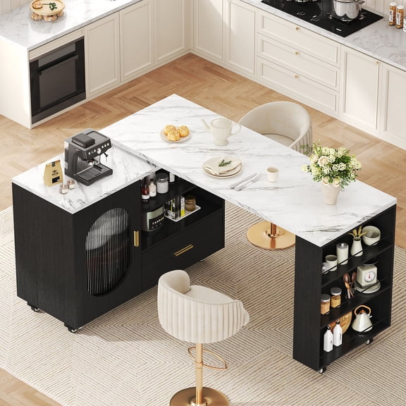 Paasyonmate 72" Mobile Rolling Kitchen Island with Seating and Storage Space, White Marble