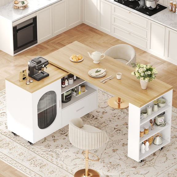 Paasyonmate 72" Mobile Rolling Kitchen Island with Seating and Storage Space, White Oak