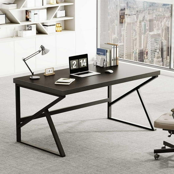 Paasyonmate Computer Desk Wood Metal, Black Modern Office Desk 55 Inch