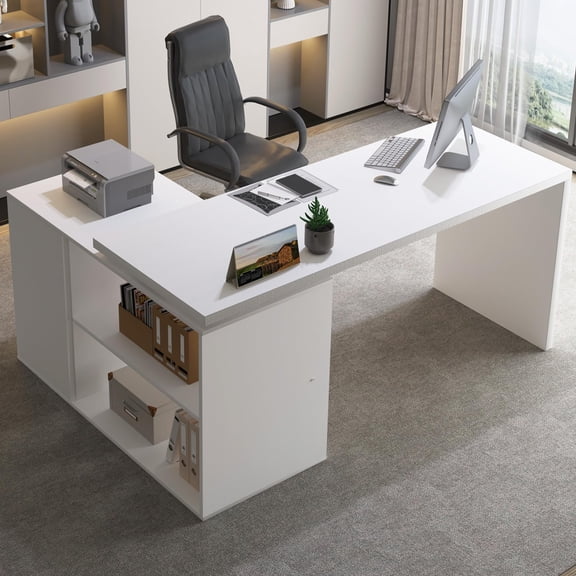 Paasyonmate L-Shaped Computer Desk with 3 Drawers and 2 Shelves, Reversible Home Office Corner Desk, 55 Inch Bedroom Wood Table Workstation Desk with Storage Cabinet, White