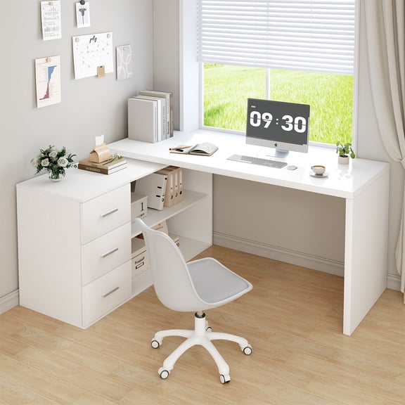 Paasyonmate L-Shaped Computer Desk with Drawers and Shelves, 60“ Corner Home Office Desk with Storage Cabinet, Large White Workstation for PC Writing and Study
