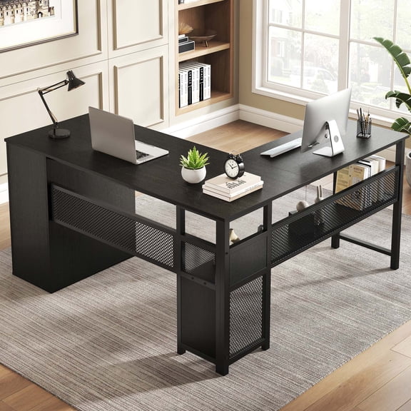 Paasyonmate L-Shaped Computer Desk with Drawers and Storage Shelf, 59 Inch Reversible Corner Desk for Home Office, Black Gaming Workstation with File Cabinet