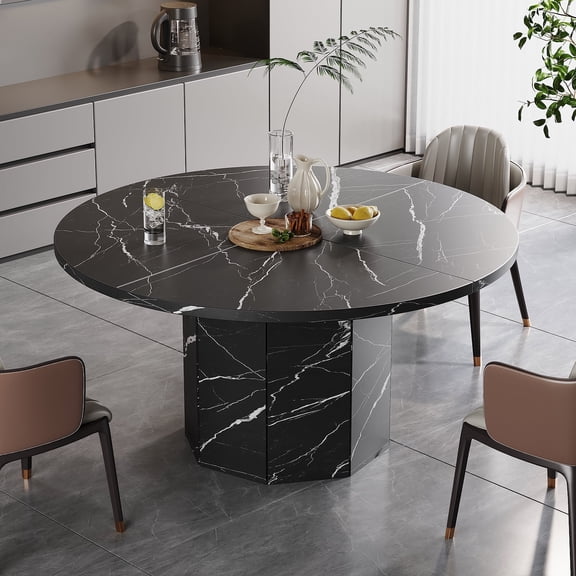 Paasyonmate Roun47” Dining Table for 4-6 People, Black Faux Marble Kitchen Table, Modern Dinner Table for Living Dining Room