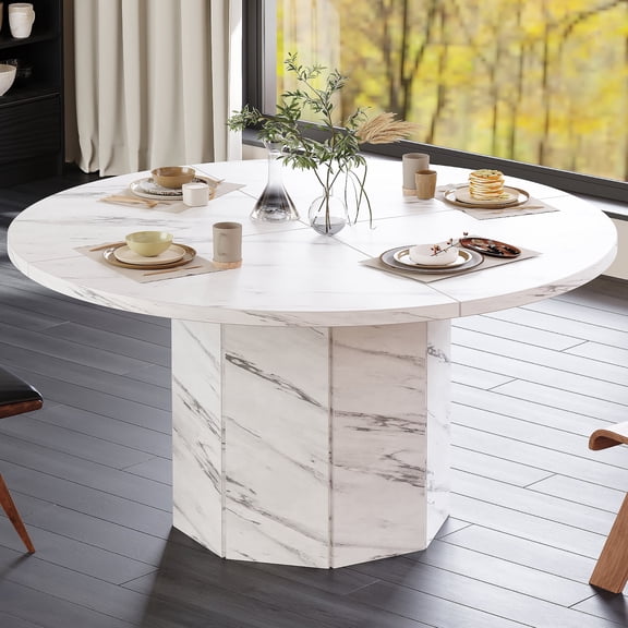 Paasyonmate 47 inch Round Dining Table, White Faux Marble with Octagon Pedestal Base for Home, Kitchen, or Dining Room