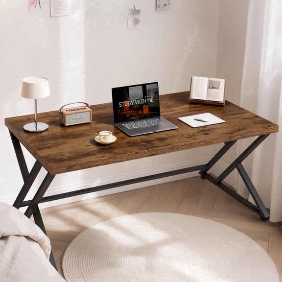 Paasyonmate 55" Computer Desk, Large Office Desk with Metal Frame, Brown Table for Home Office