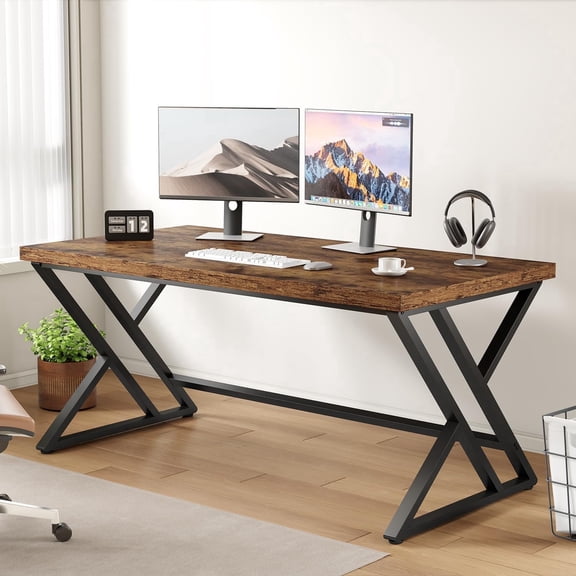 Paasyonmate Rustic Wood Computer Desk with Metal, 60" Large Office Desk