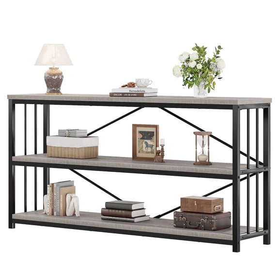 Paasyonmate 63 inch 3-Tier Industrial Console Table, Light Grey Oak Etagere Bookcase with Wide Open Storage Shelf for Home and Office