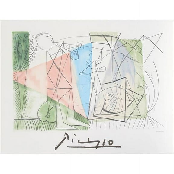 Pablo Picasso 14472 Jouer de Flute et Gazelle Lithograph on Paper 29 In. x 22 In. - Blue Green Red Black White