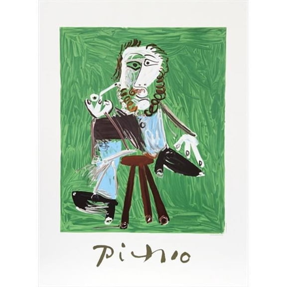 Pablo Picasso 14488 Homme A La Pipe Assise Sur Un Tabouret- Lithograph on Paper 29 In. x 22 In. - Green- Black- Brown
