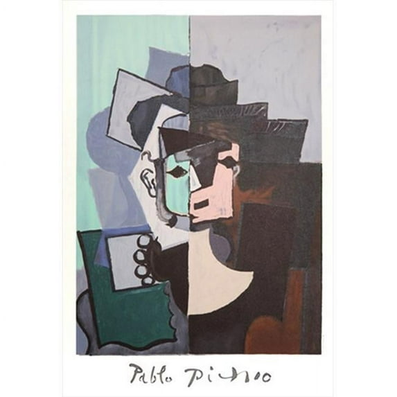 Pablo Picasso 14568 Portrait de Face sur Fond Rose et Vert- Lithograph on Paper 29 In. x 22 In. - Green- Black- Brown