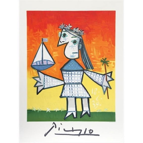 Pablo Picasso 2032 Fillette Couronee au Bateau- Lithograph on Paper 29 In. x 22 In. - Red- Yellow- Green- Gray
