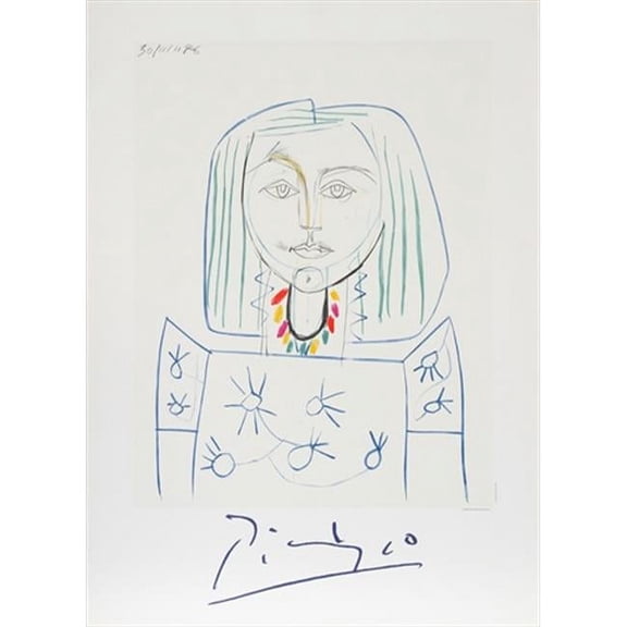 Pablo Picasso 2092 Portrait de Femme au Collier- Lithograph on Paper 29 In. x 22 In. - Green- Blue- Yellow- Red