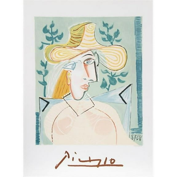 Pablo Picasso 2372 Femme a la Collerette- Lithograph on Paper 29 In. x 22 In. - Green- Yellow- Pink