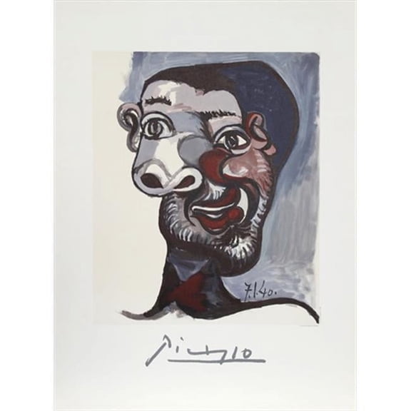 Pablo Picasso 3219 Tete de Homme- Lithograph on Paper 29 In. x 22 In. - Gray- Red- Black