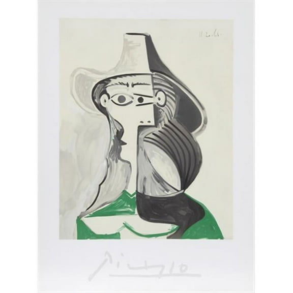 Pablo Picasso 3431 Femme Profile- Lithograph on Paper 29 In. x 22 In. - Green- Gray- Black