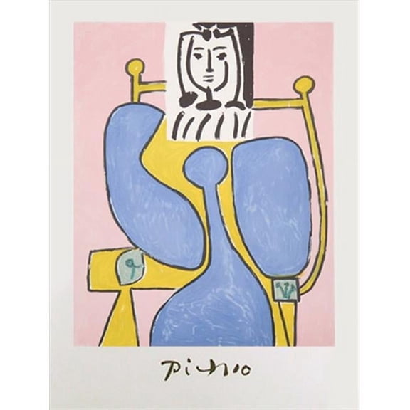 Pablo Picasso  Femme Assise a la Robe Bleue - Pink- Blue- Yellow- Black - Lithograph on Paper 29 In. x 22 In.