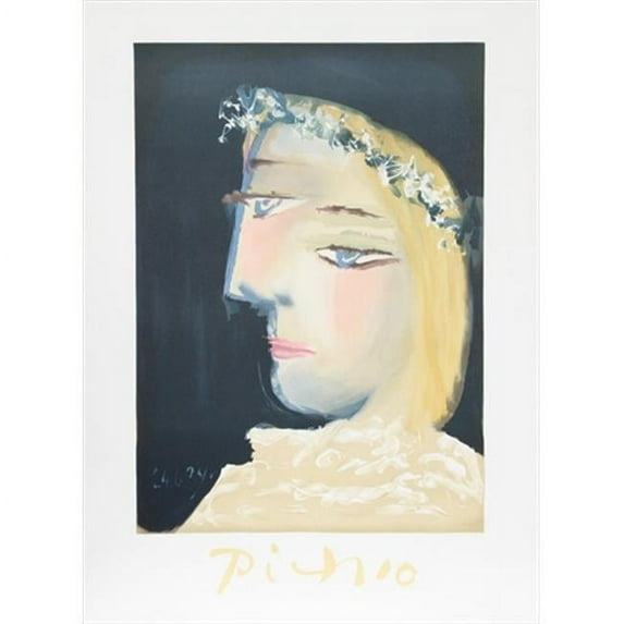 Pablo Picasso Femme a la Robe- Blanche Couronee de Fleurs- Lithograph on Paper 29 In. x 22 In. - Yellow- Black- Blue