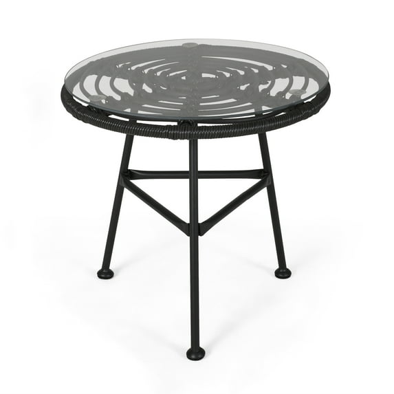 Pabrico Outdoor Faux Rattan Side Table with Glass Top, Gray and Black