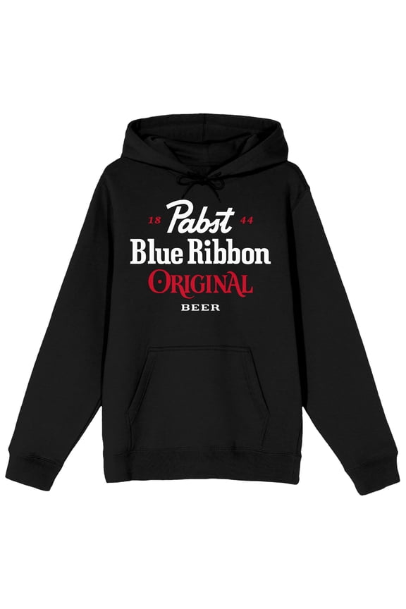Pabst Blue Ribbon 1844 Original Beer Text Logo Long Sleeve Adult Black Hooded Sweatshirt-Small
