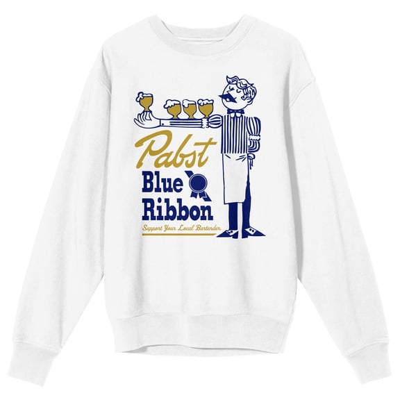 Pabst Blue Ribbon Bartender With Beer Logo Men's White Long Sleeve Sweatshirt-Medium