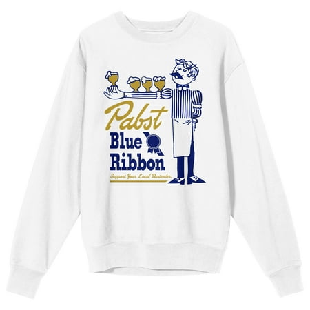 Pabst Blue Ribbon Bartender With Beer Logo Men's White Long Sleeve Sweatshirt-Small