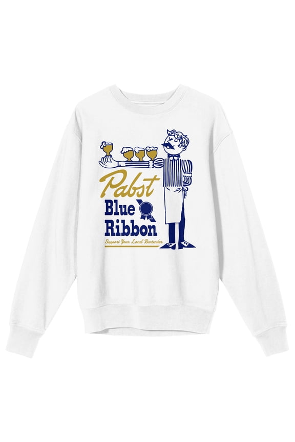 Pabst Blue Ribbon Bartender With Beer Logo Men's White Long Sleeve Sweatshirt-Small