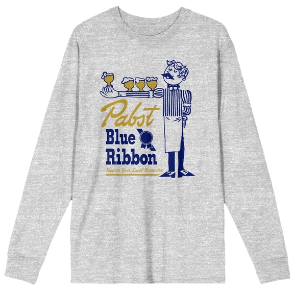 Pabst Blue Ribbon Bartender With Beer Men's Athletic Heather Long Sleeve Shirt-Large